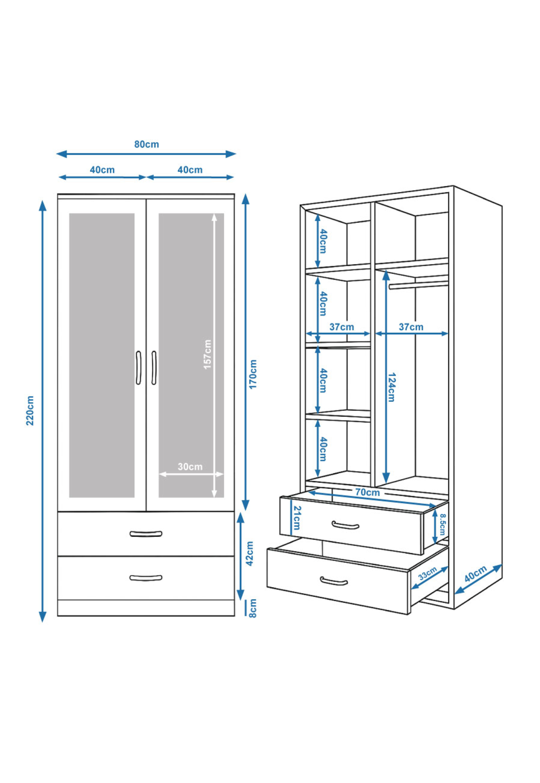 ארון בגדים 2 דלתות 80×220 עם מראות דגם מתן Matan לבן | מבית WOODY