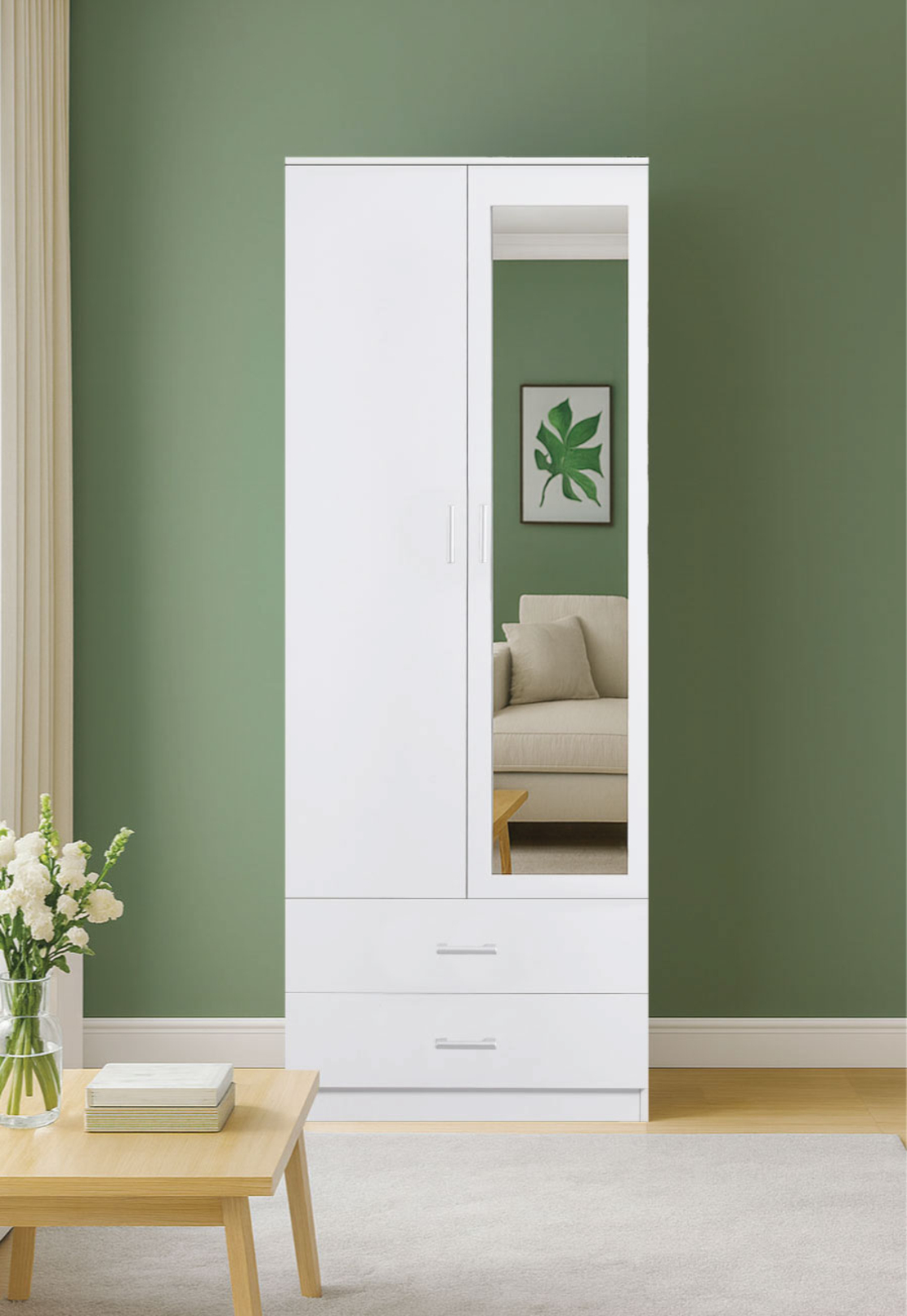 ארון בגדים 2 דלתות 80×220 מראה צד ימין דגם מתן Matan לבן | מבית WOODY