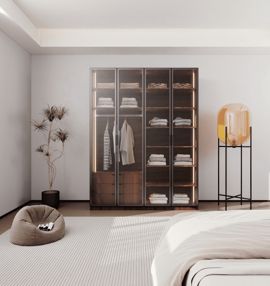 ארון בגדים 4 דלתות זכוכית עם תאורת LED רוחב 160 סדרת איטליה דגם פיזה חום כהה | מבית WOODY