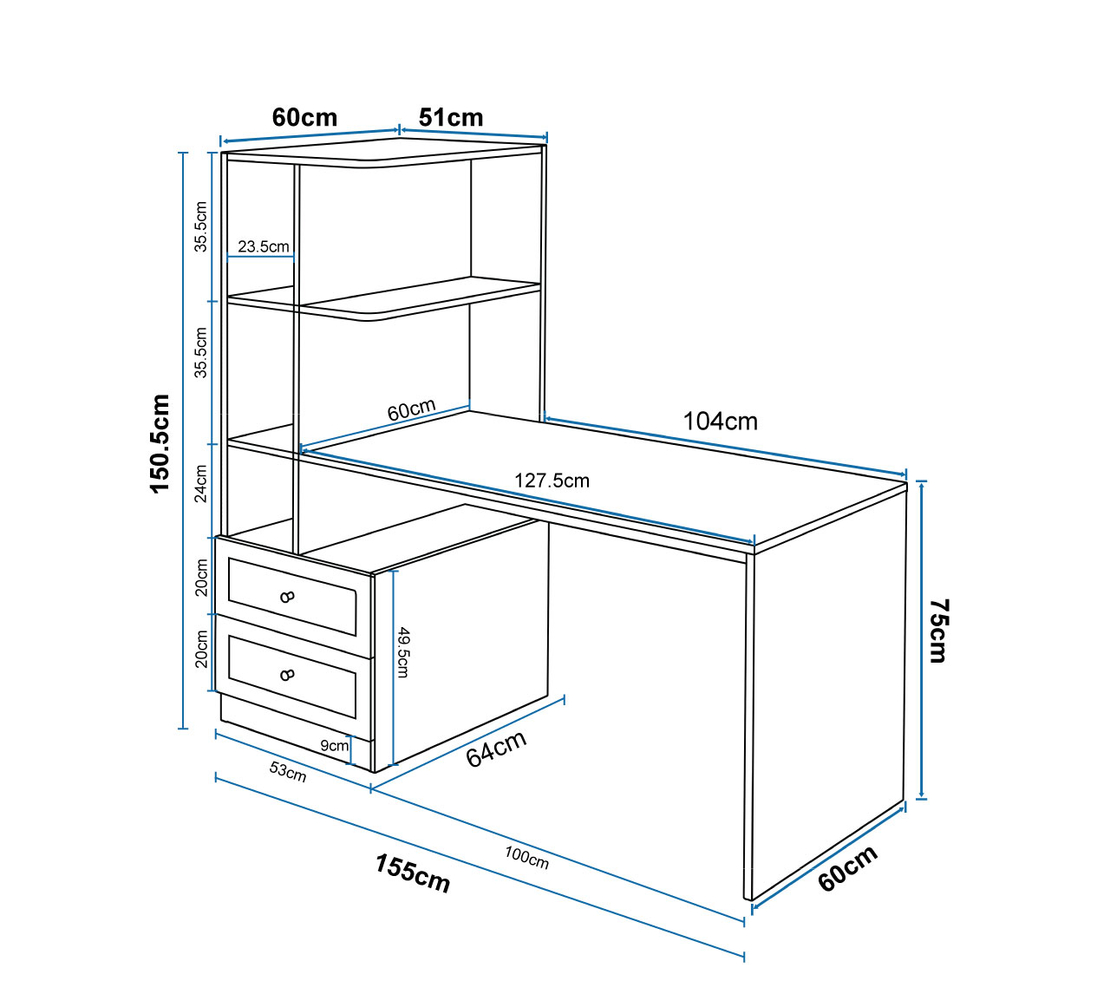 שולחן תלמיד משולב ספרייה דגם שקד Shaked לבן | מבית WOODY
