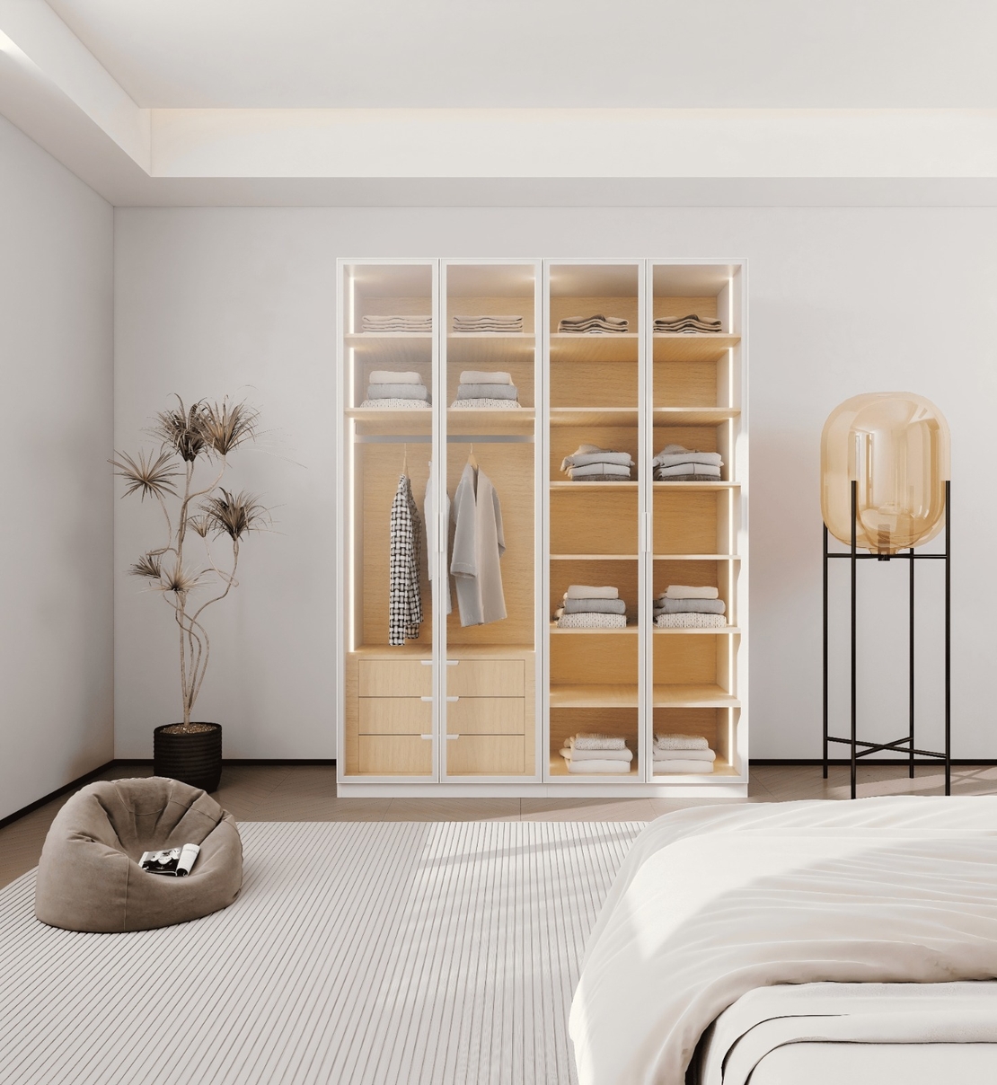 ארון בגדים 4 דלתות זכוכית עם תאורת LED רוחב 160 סדרת איטליה דגם פיזה לבן משולב עץ טבעי | מבית WOODY