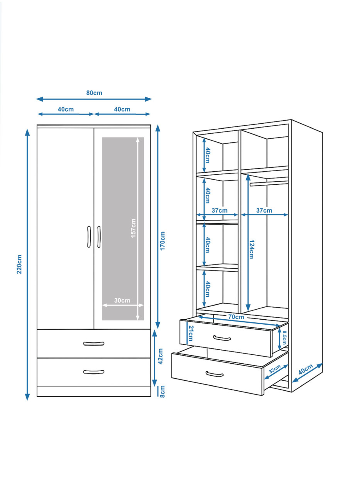 ארון בגדים 2 דלתות 80×220 מראה צד ימין דגם מתן Matan לבן | מבית WOODY