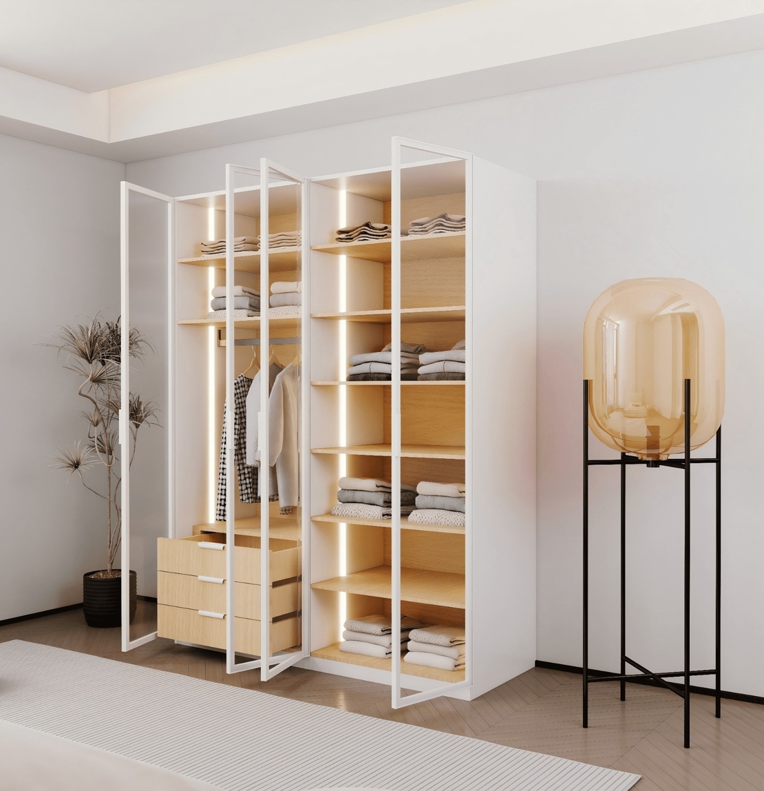 ארון בגדים 4 דלתות זכוכית עם תאורת LED רוחב 160 סדרת איטליה דגם פיזה לבן משולב עץ טבעי | מבית WOODY