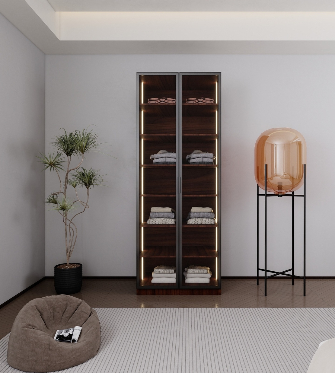 ארון בגדים 2 דלתות זכוכית עם תאורת LED רוחב 80 דגם ונציה חום כהה | מבית WOODY