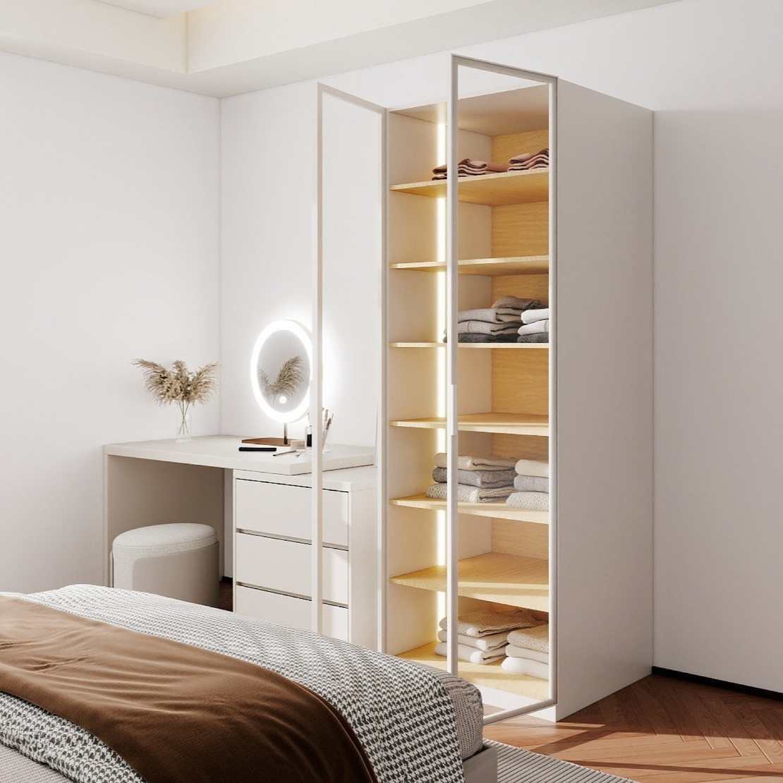 ארון בגדים 2 דלתות זכוכית עם תאורת LED רוחב 80 דגם ונציה לבן משולב עץ טבעי | מבית WOODY