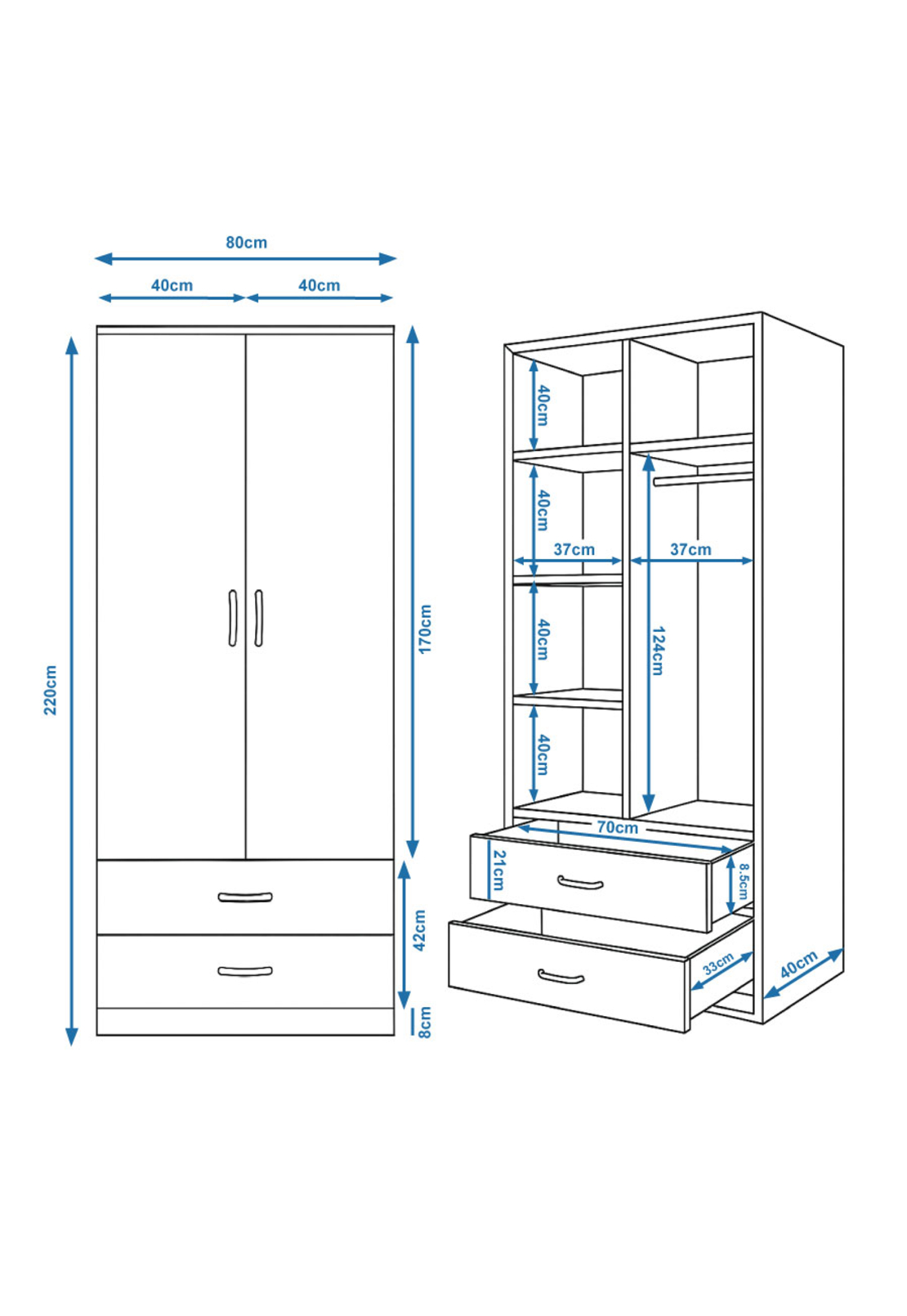 ארון בגדים 2 דלתות 80×220 דגם מתן Matan לבן | מבית WOODY