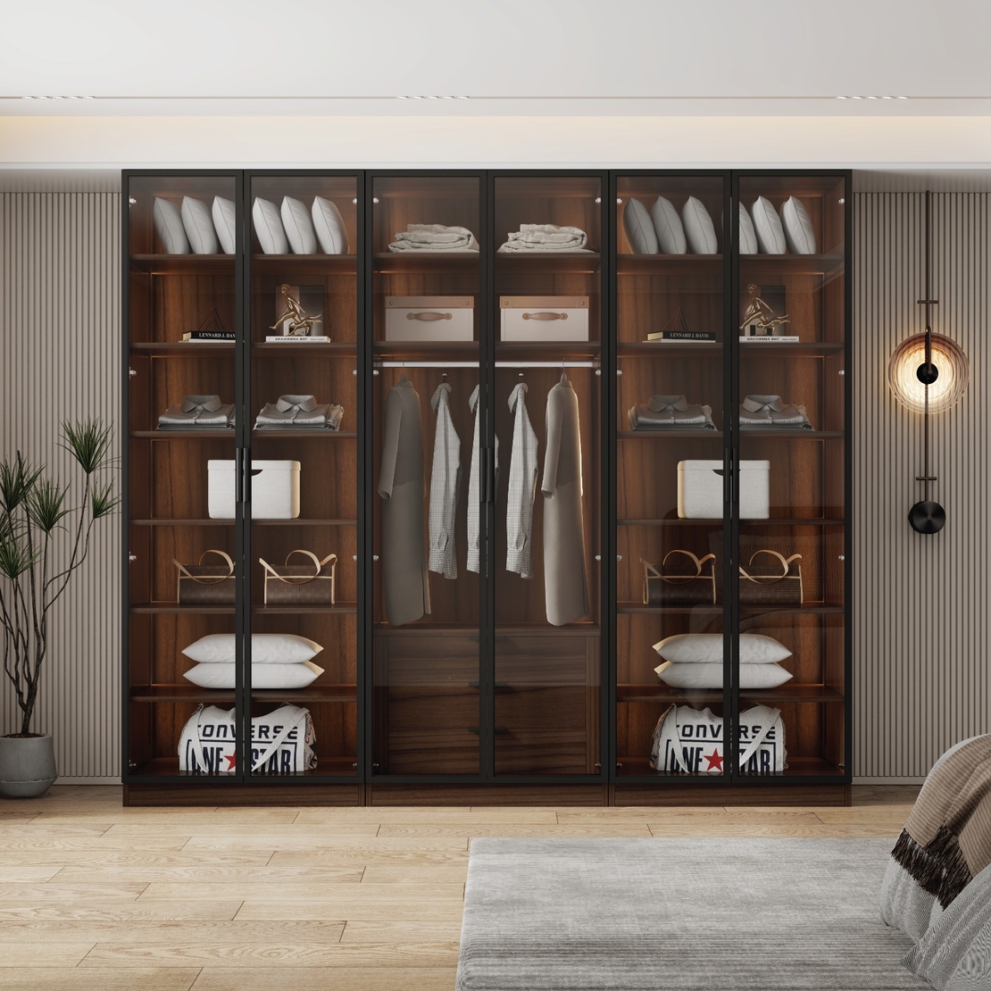 ארון בגדים 6 דלתות זכוכית עם תאורת LED רוחב 240 סדרת איטליה דגם רומא חום כהה | מבית WOODY