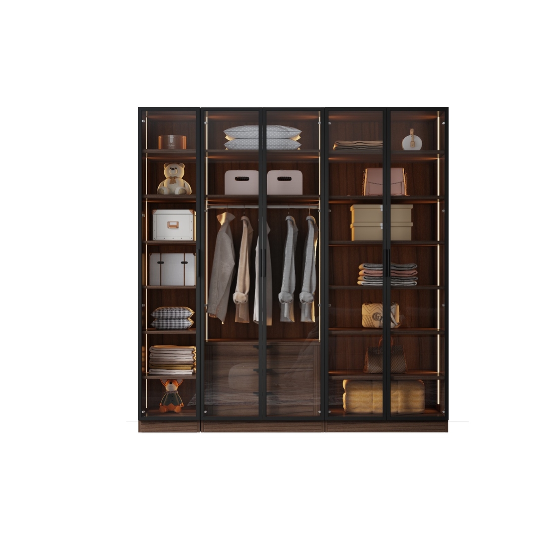 ארון בגדים 5 דלתות זכוכית עם תאורת LED רוחב 200 סדרת איטליה דגם לוקה חום כהה | מבית WOODY