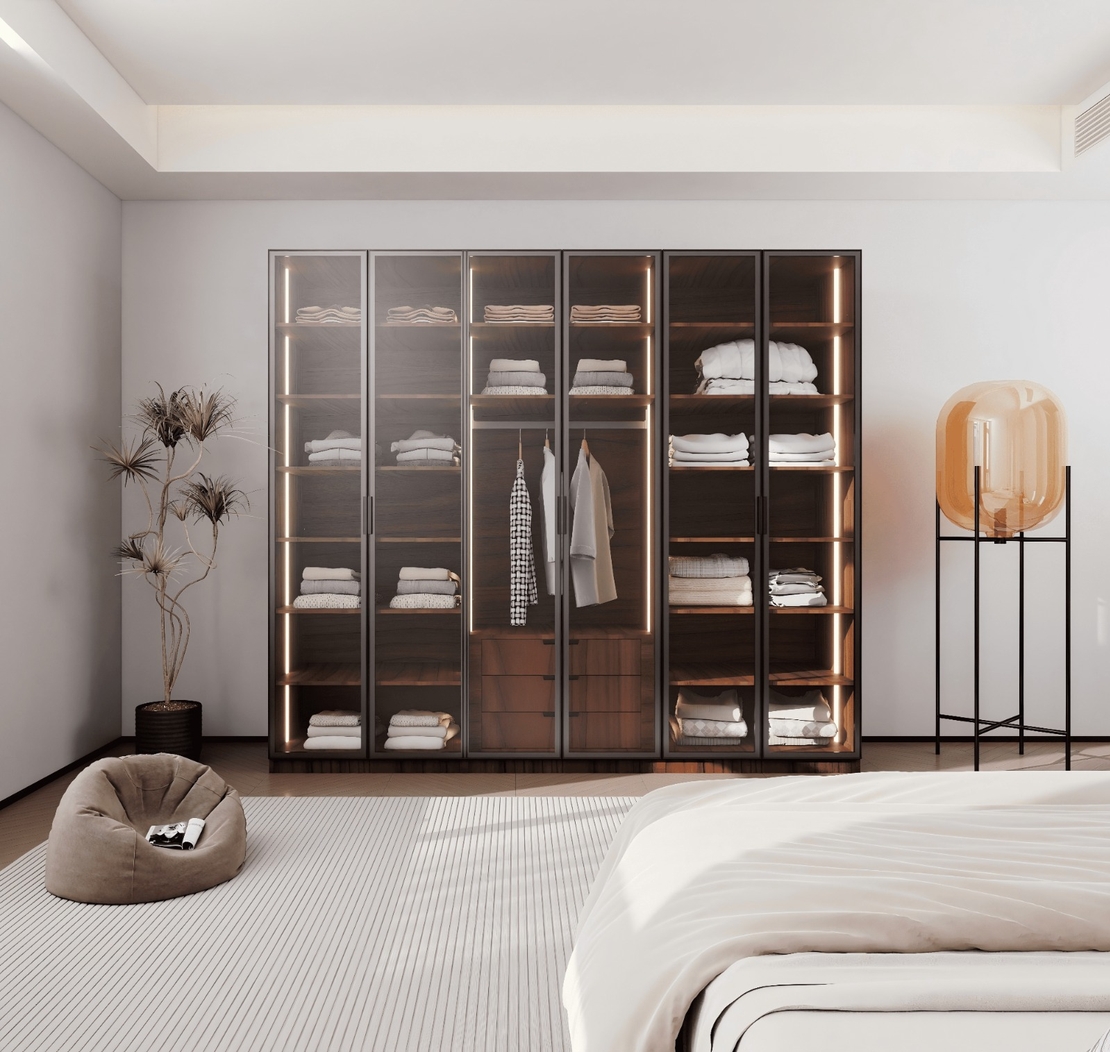 ארון בגדים 6 דלתות זכוכית עם תאורת LED רוחב 240 סדרת איטליה דגם רומא חום כהה | מבית WOODY