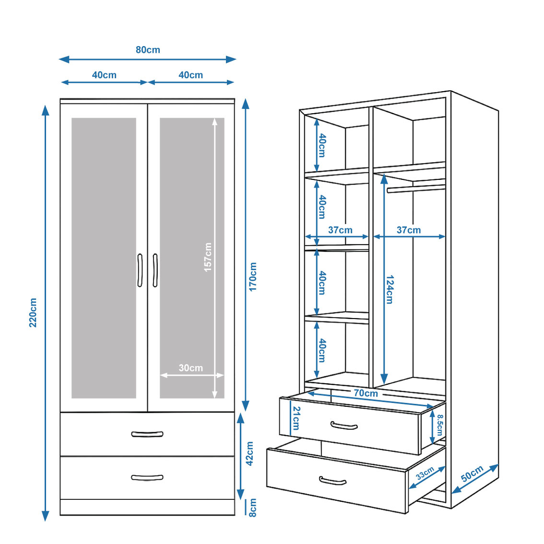 ארון בגדים 2 דלתות 80×220 עם מראות דגם מתן Matan לבן | מבית WOODY