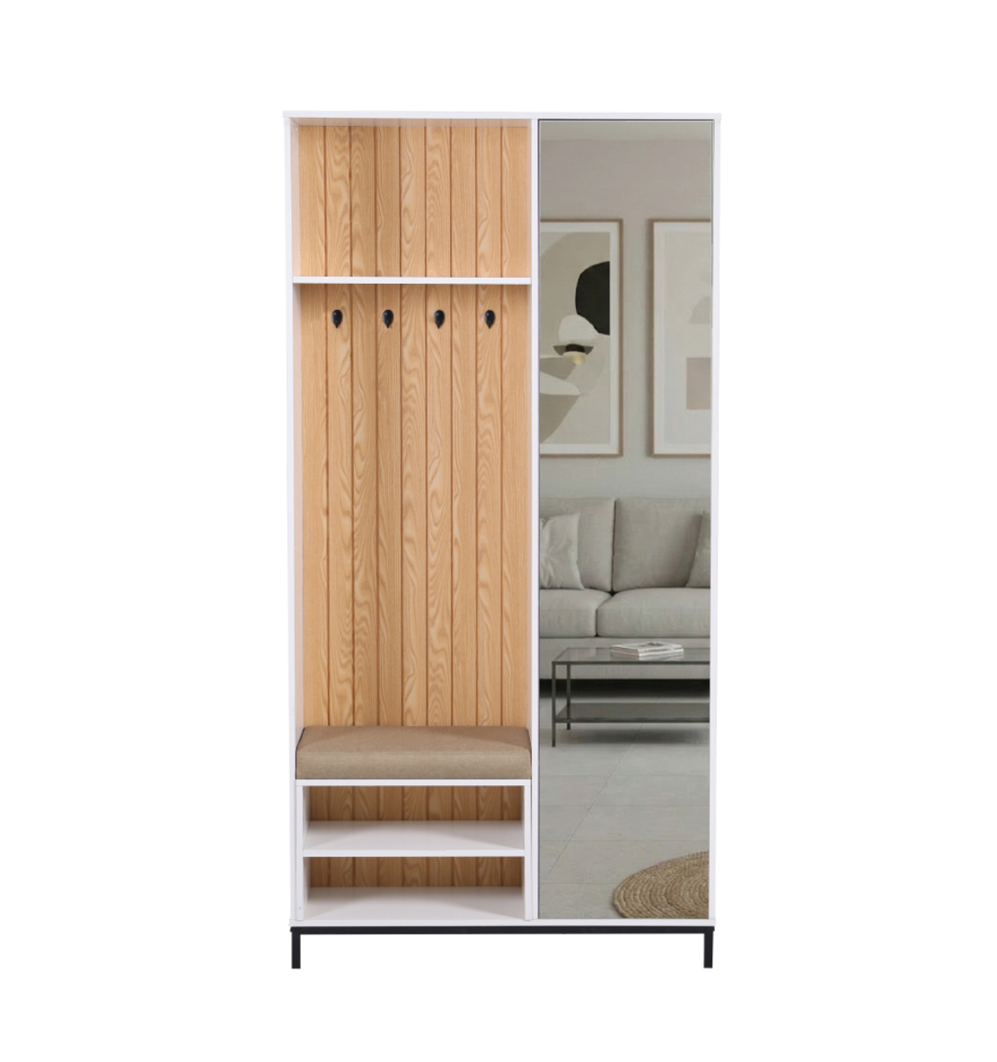 ארון כניסה מעוצב רוחב 100 כולל ספסל ישיבה ומראה דגם טוקיו Tokyo לבן משולב אלון | מבית WOODY