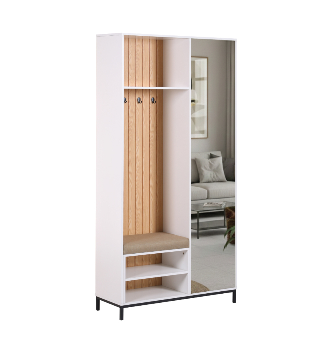 ארון כניסה מעוצב רוחב 100 כולל ספסל ישיבה ומראה דגם טוקיו Tokyo לבן משולב אלון | מבית WOODY