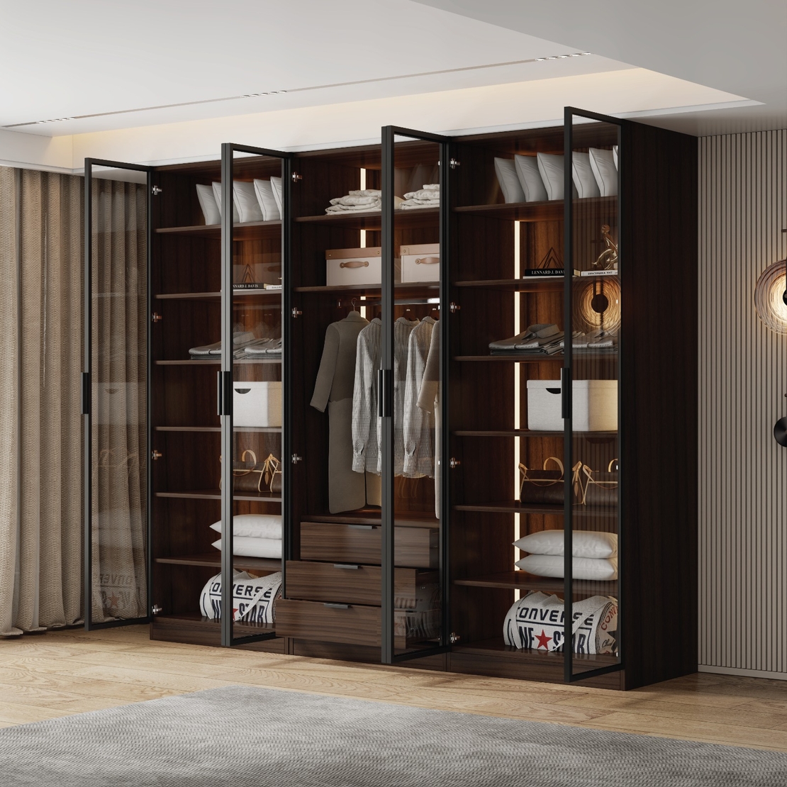 ארון בגדים 6 דלתות זכוכית עם תאורת LED רוחב 240 סדרת איטליה דגם רומא חום כהה | מבית WOODY