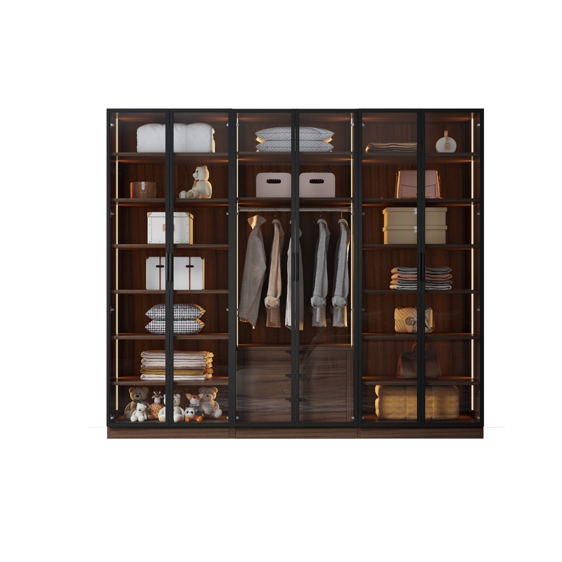 ארון בגדים 6 דלתות זכוכית עם תאורת LED רוחב 240 סדרת איטליה דגם רומא חום כהה | מבית WOODY