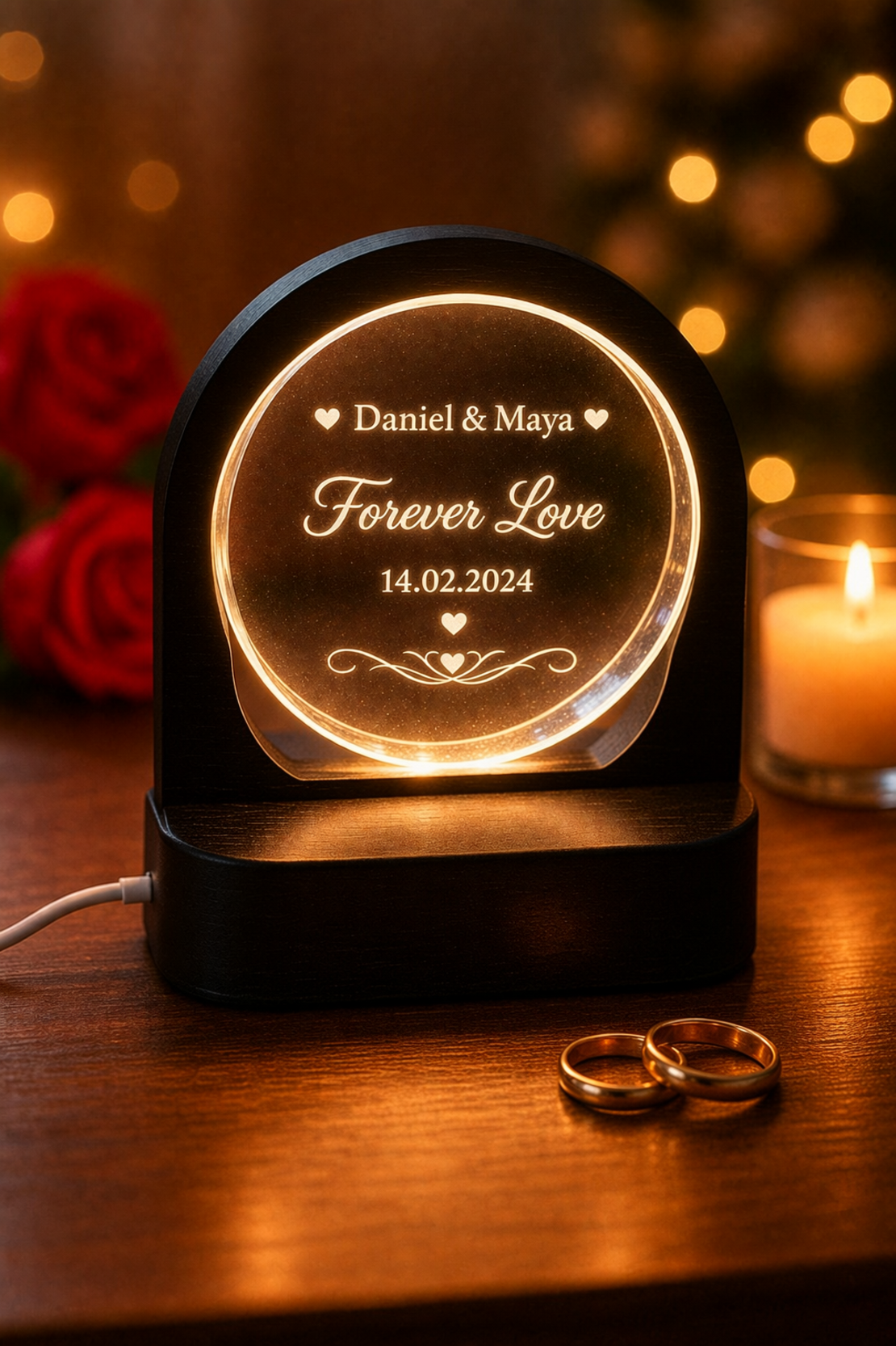 מנורת LED קריסטל Love | מנורת לילה רומנטית דקורטיבית עם חריטה אישית