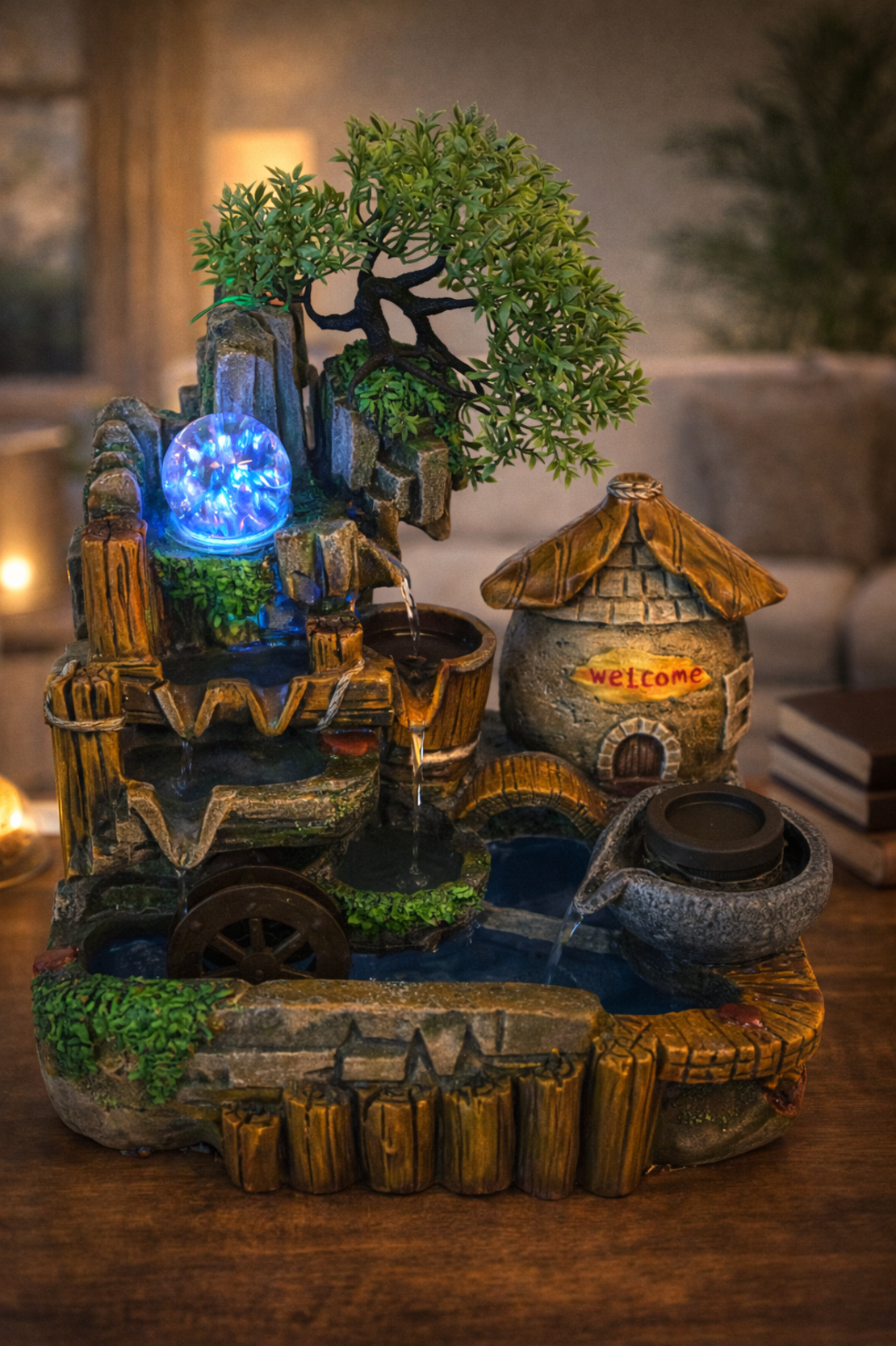 מזרקת מים שולחנית כפרית עם בקתה, עץ וכדור מואר | מזרקה דקורטיבית לבית ולמשרד