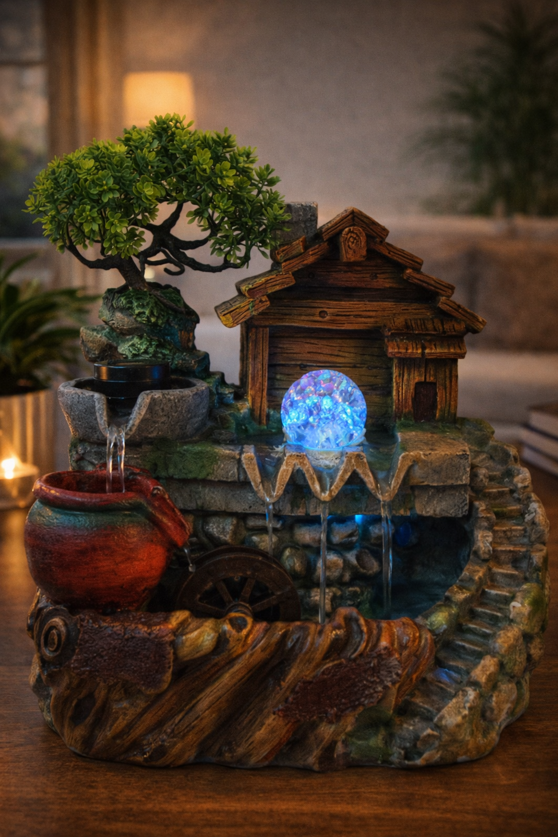 מזרקת מים שולחנית דקורטיבית בעיצוב בית כפרי | מזרקה קטנה להרגעה