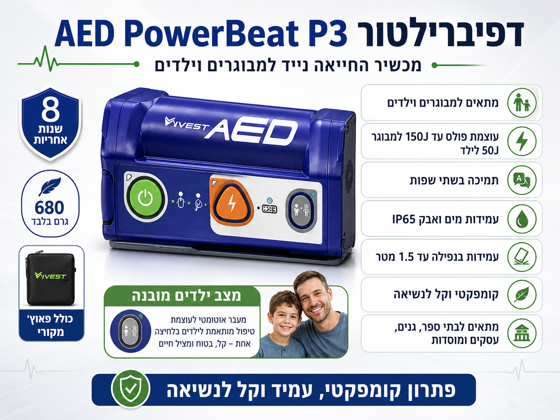 דפיברילטור AED Vivest PowerBeat P3 – מכשיר החייאה נייד למבוגרים וילדים
