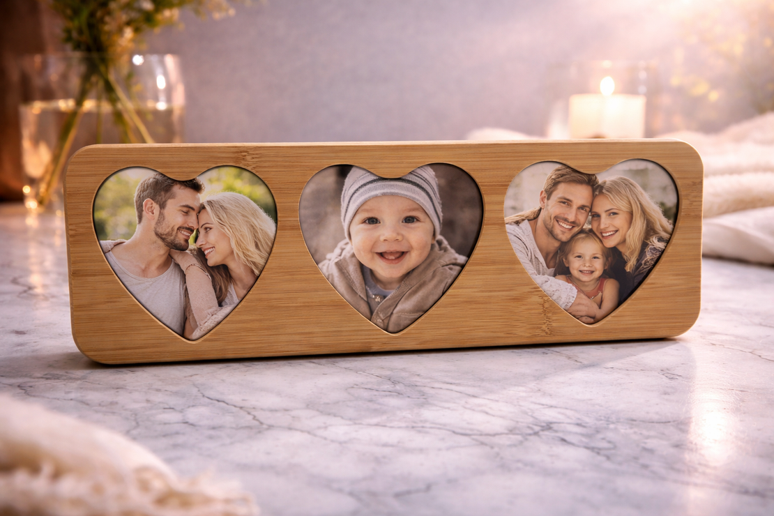 מסגרת עץ עם 3 לבבות להדפסת תמונות | מתנה רומנטית אישית