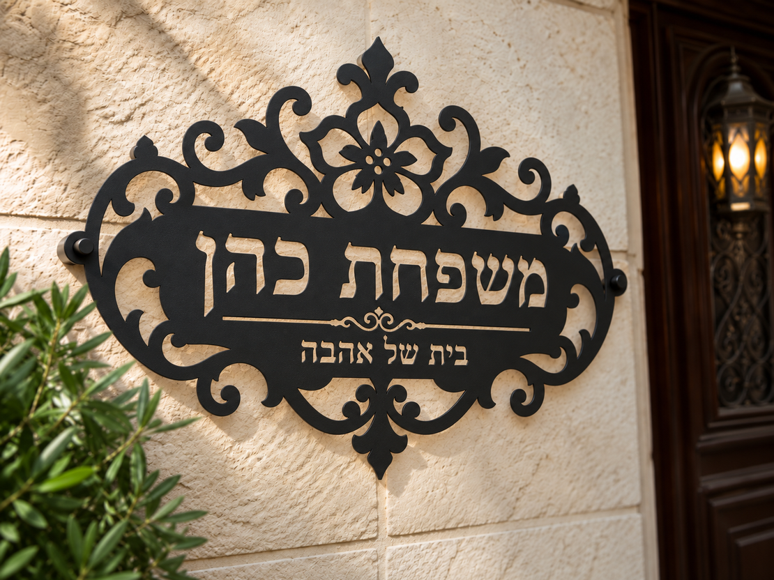 שלט כניסה לבית בעיצוב קלאסי עם פרח | חיתוך CNC בהתאמה אישית | מידה 45×30 ס