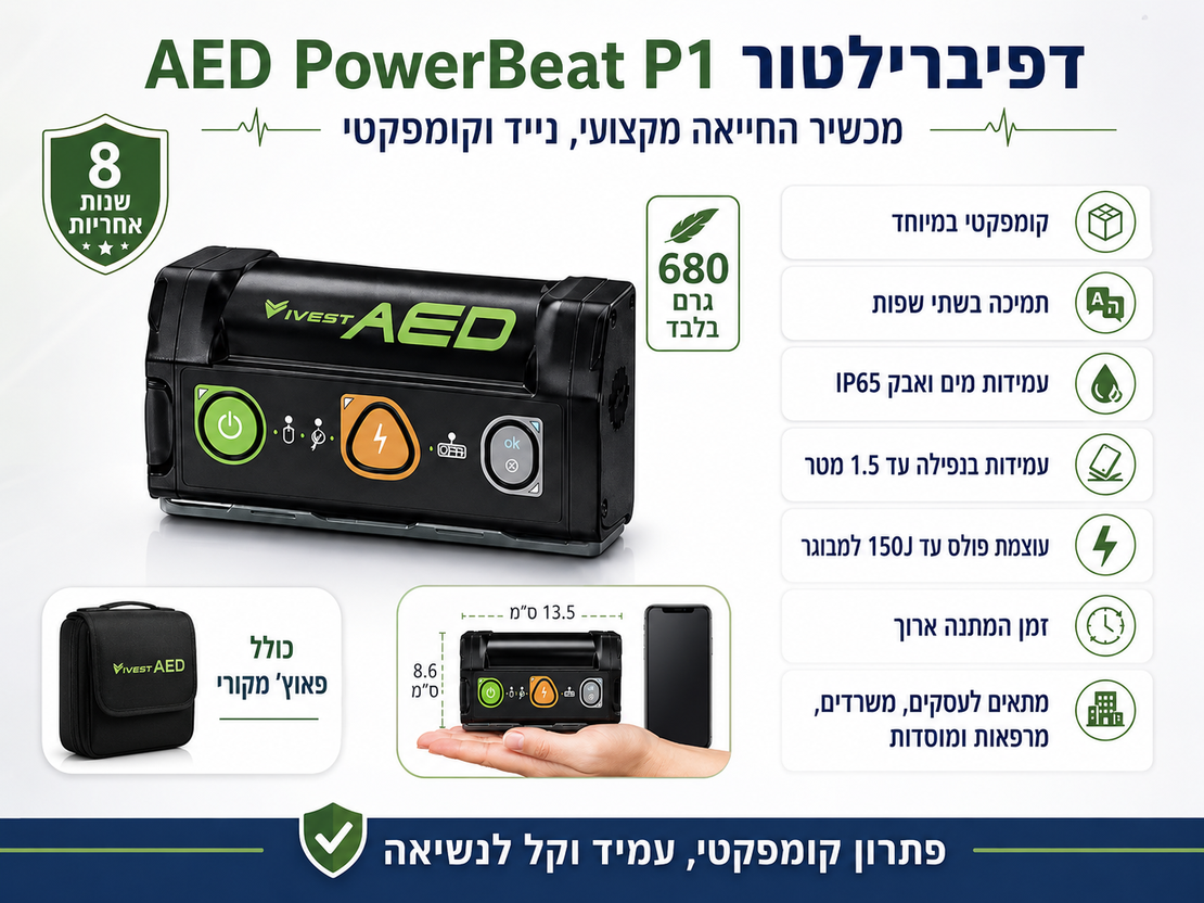דפיברילטור AED Vivest PowerBeat P1 – מכשיר החייאה מקצועי נייד וקומפקטי