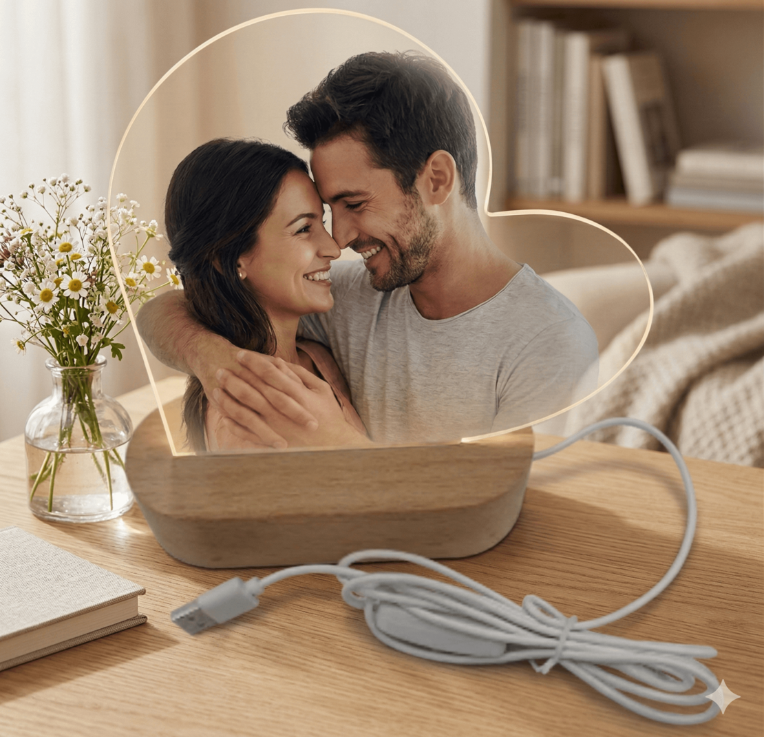 מנורת לב LED עם הדפסה אישית | מנורת אקריליק עם בסיס עץ