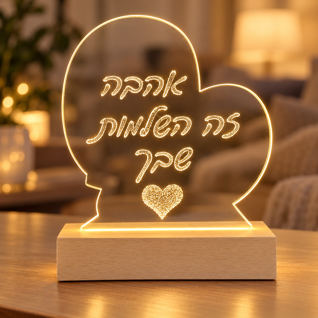 מנורת לב דקורטיבית | מנורת LED רומנטית עם חריטה אישית בלייזר | מתנה רומנטית