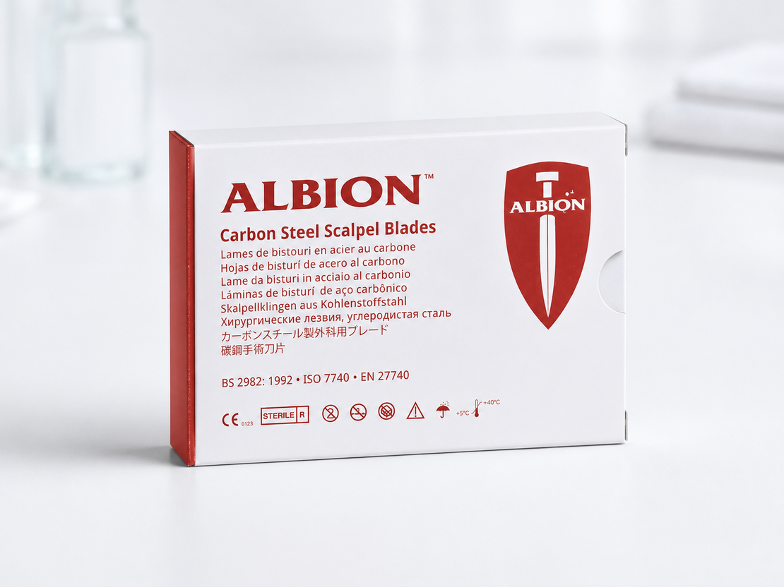 להבי סקלפל סטריליים ALBION מפלדת פחמן | להבים כירורגיים חד־פעמיים