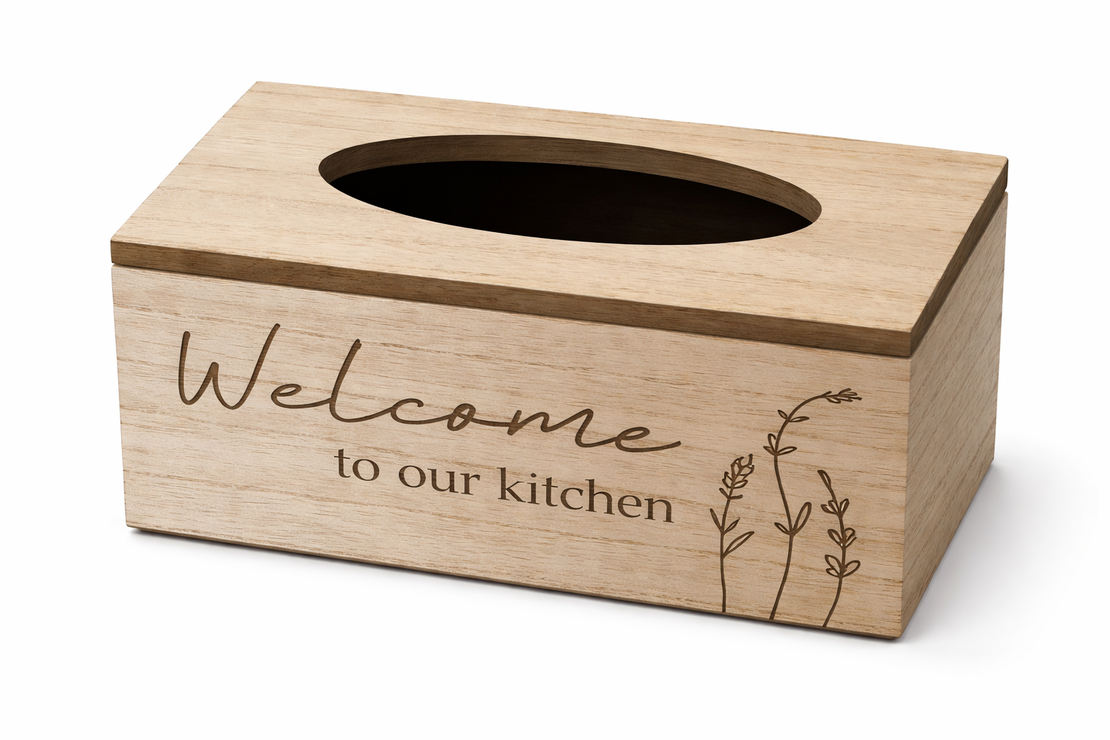 קופסת טישו מעץ דקורטיבית למטבח Welcome to our Kitchen