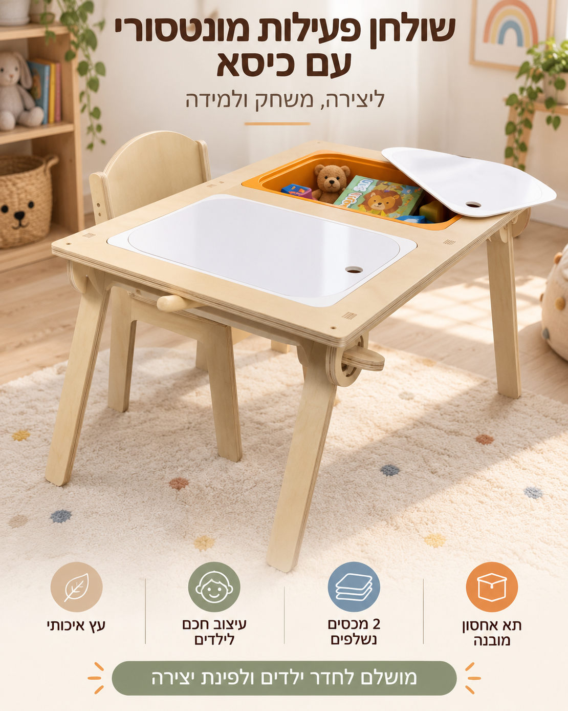 שולחן פעילות מונטסורי לילדים עם כיסא ותאי אחסון | שולחן יצירה ולמידה מעץ לבית