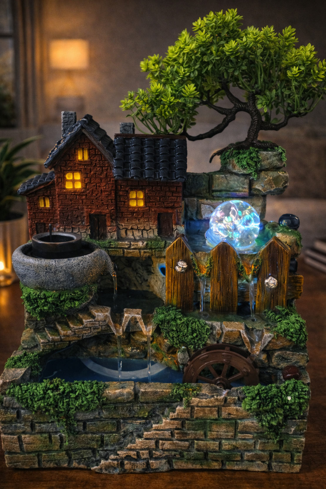 מזרקת מים שולחנית דקורטיבית עם בית כפרי ועץ  | מזרקת זן מרגיעה לבית ולמשרד