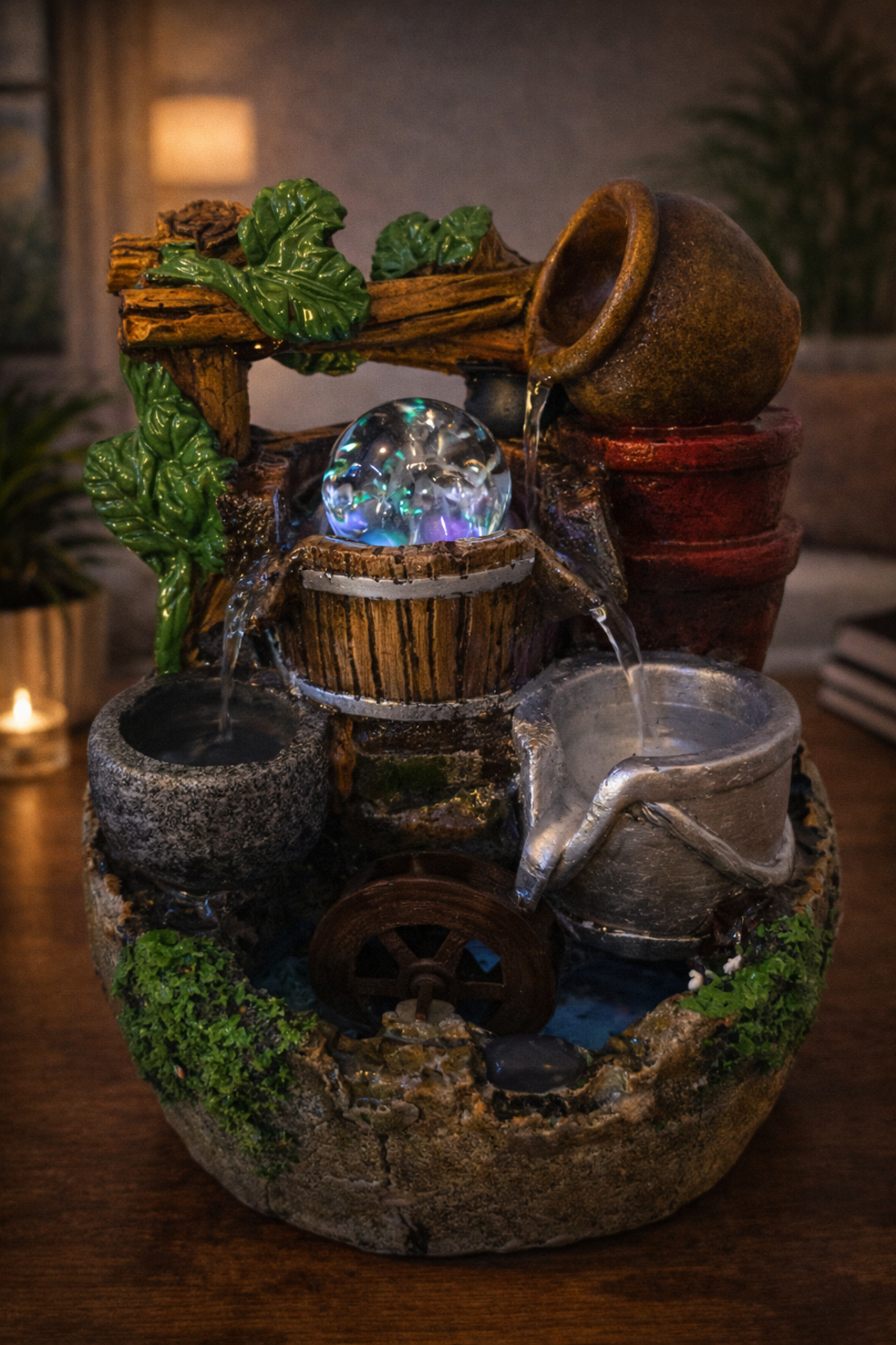 מזרקת מים שולחנית דקורטיבית  קטנה בעיצוב כפרי עם כדור מים זורם