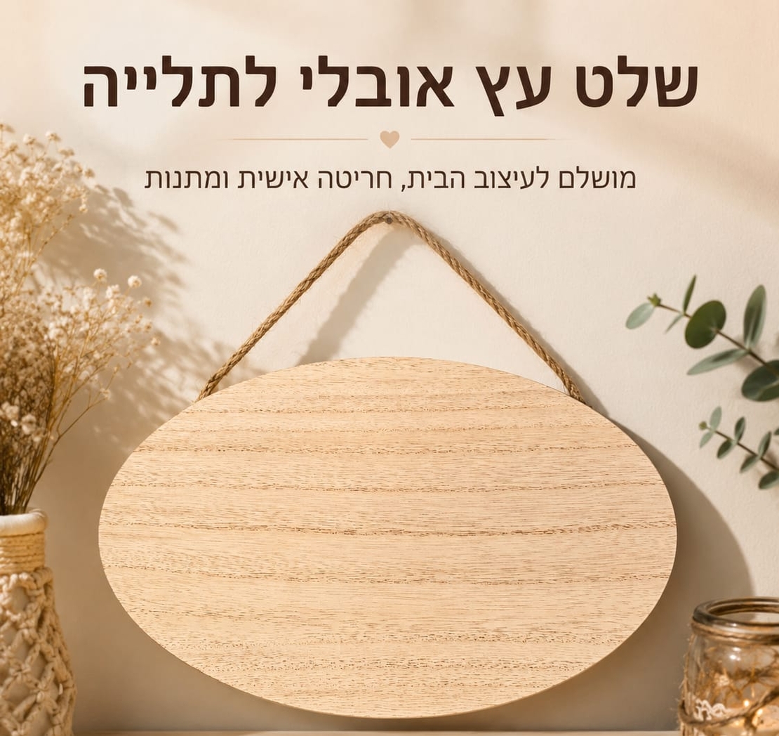 שלט עץ אובלי לתלייה  עם אפשרות חריטה אישית בלייזר בגבודל 30X17 ס