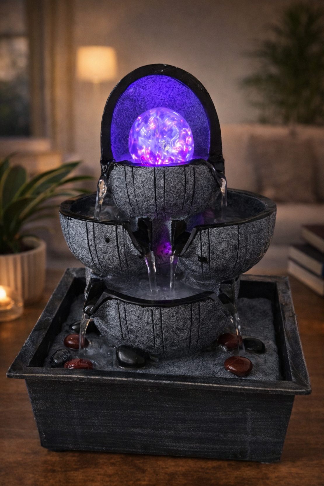 מזרקת מים שולחנית מדורגת עם כדור זכוכית מואר | מזרקה דקורטיבית לבית ולמשרד