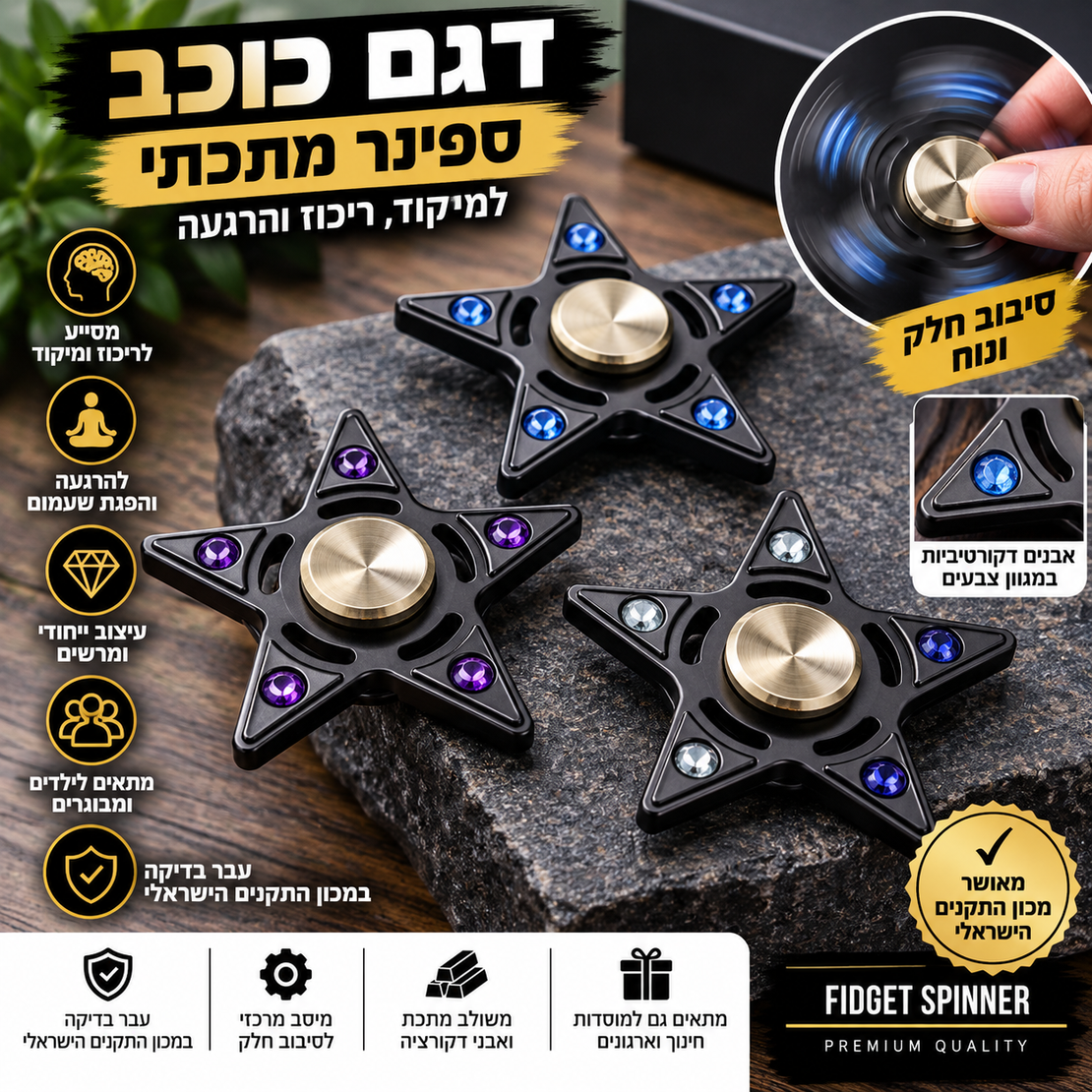 ספינר דגם כוכב – Fidget Spinner למיקוד, ריכוז ופעילות חושית | עבר בדיקה במכון התקנים הישראלי
