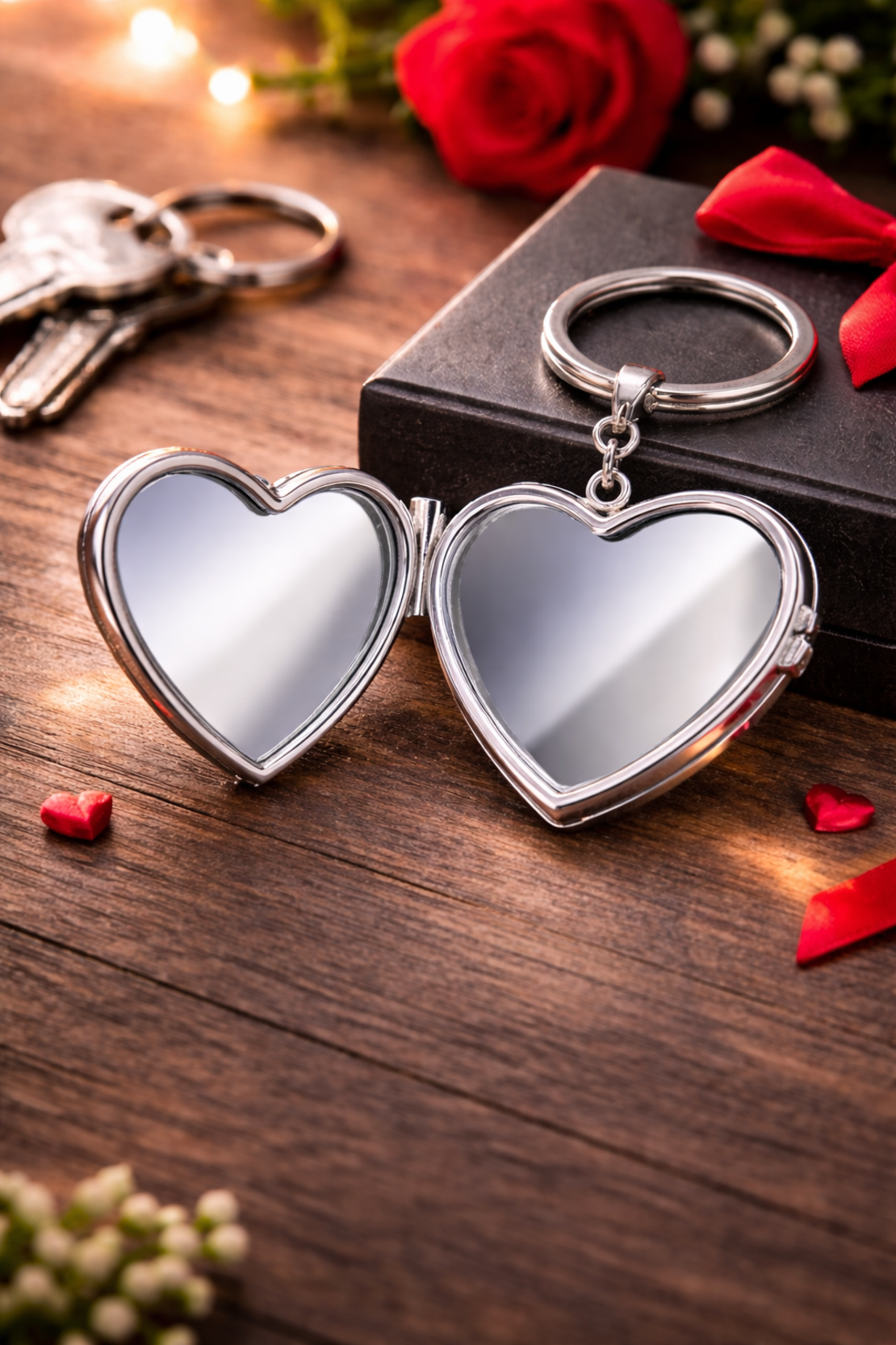 מחזיק מפתחות לב נפתח עם מראה | הדפסת תמונה בהתאמה אישית