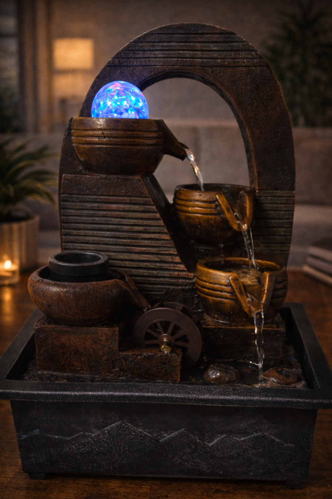מזרקת מים שולחנית דקורטיבית עם קשת וכדורי קנקנים זורמים ותאורת LED
