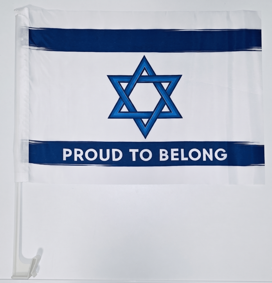 דגל ישראל לרכב 30×40 מפוליאסטר עם מוט פלסטיק | דגל לרכב איכותי | עם כיתוב PROUD TO BELONG