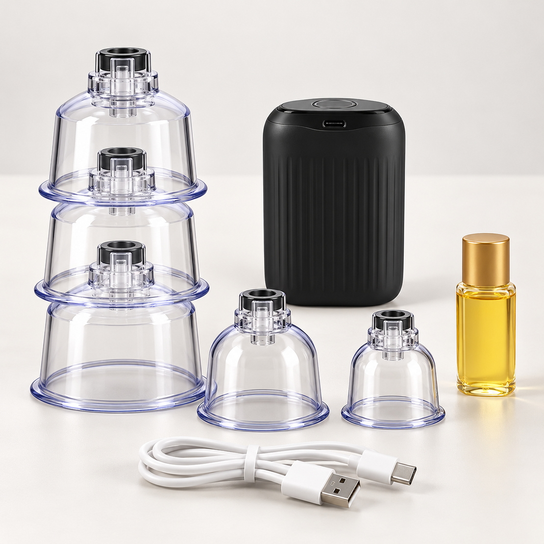 סט כוסות רוח חשמלי עם 5 כוסות, שמן וכבל USB-C