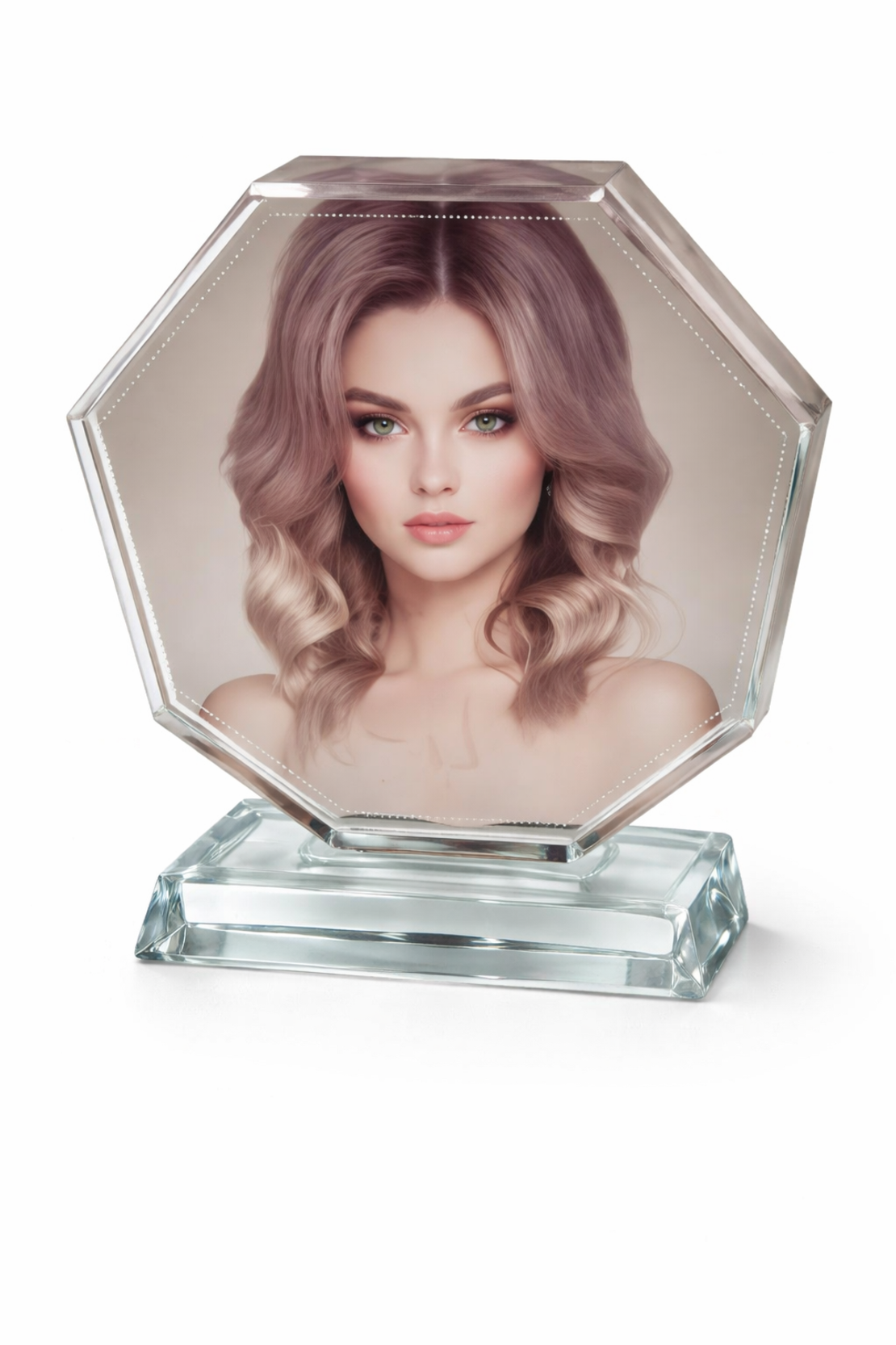 קריסטל זכוכית משושה עם הדפסה אישית | מעמד תמונה יוקרתי