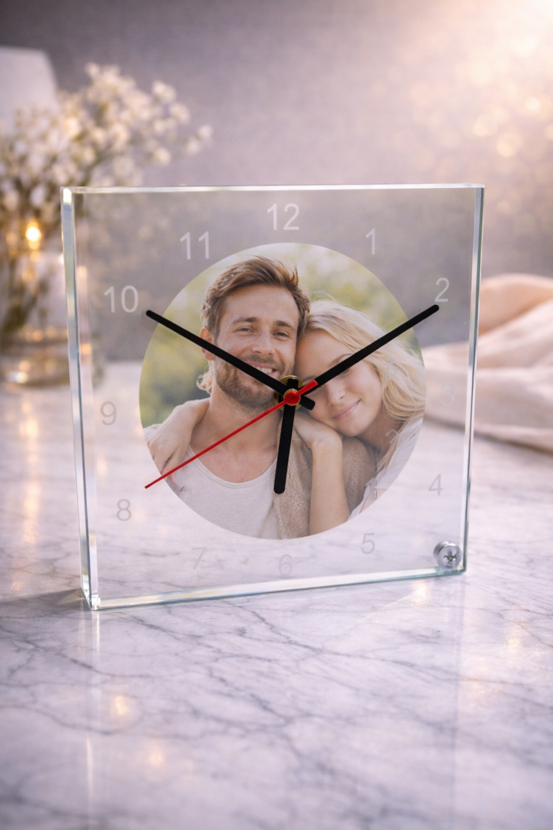 שעון זכוכית עם תמונה אישית | שעון מודפס על זכוכית מתנה מיוחדת