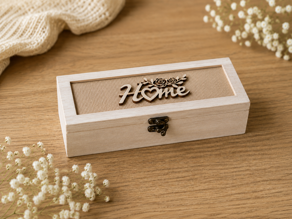קופסת אחסון מעוצבת לבית עם מכסה HOME | קופסת עץ דקורטיבית לאחסון