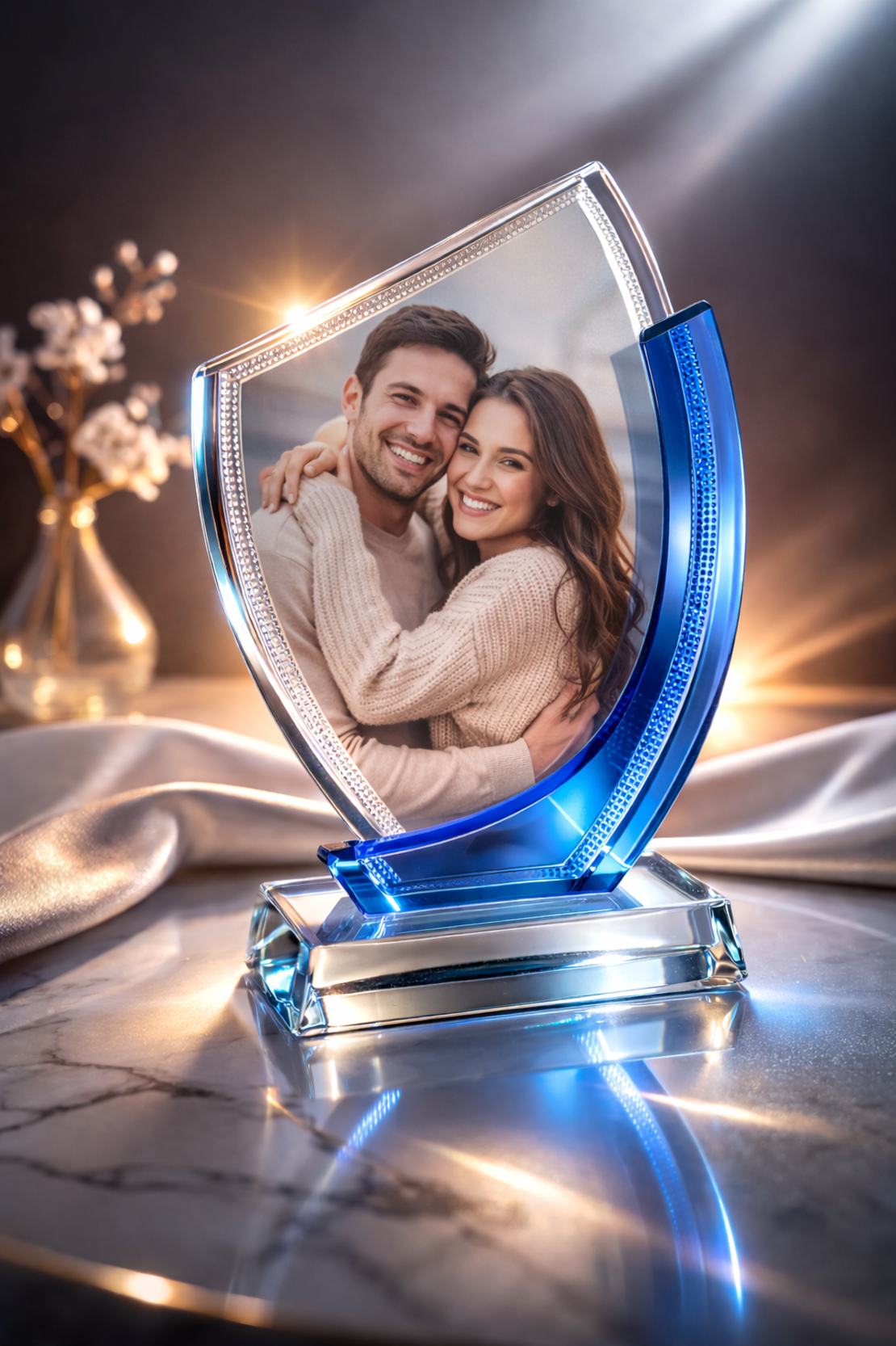 קריסטל זכוכית מעוצב עם הדפסה אישית | מעמד תמונה יוקרתי כחול