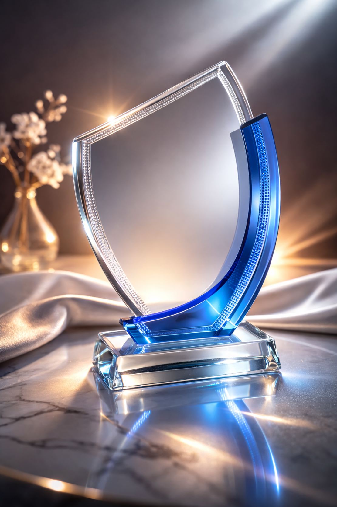 קריסטל זכוכית מעוצב עם הדפסה אישית | מעמד תמונה יוקרתי כחול