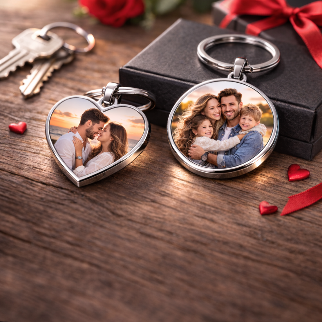 מחזיק מפתחות מתכת עם תמונה בהתאמה אישית – דגם עגול / לב