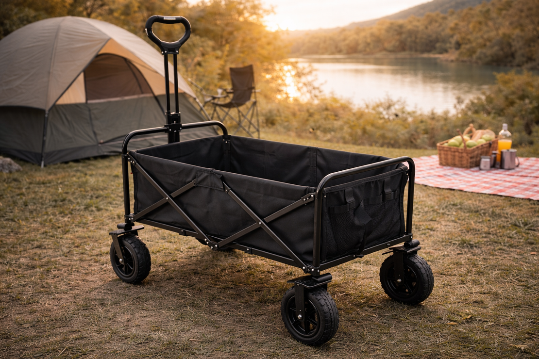 עגלת קמפינג מתקפלת עם ידית משיכה | עגלת נשיאה חזקה לטיולים, קניות וחוף הים | צבע שחור