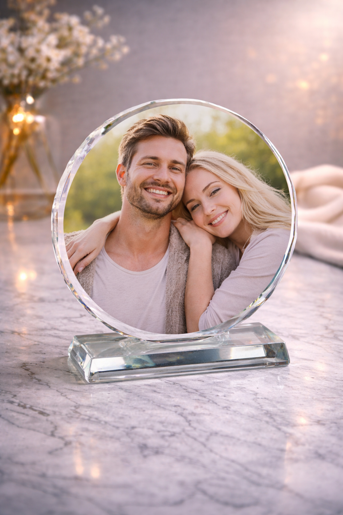 תמונת זכוכית עגולה עם הדפסה אישית על קריסטל