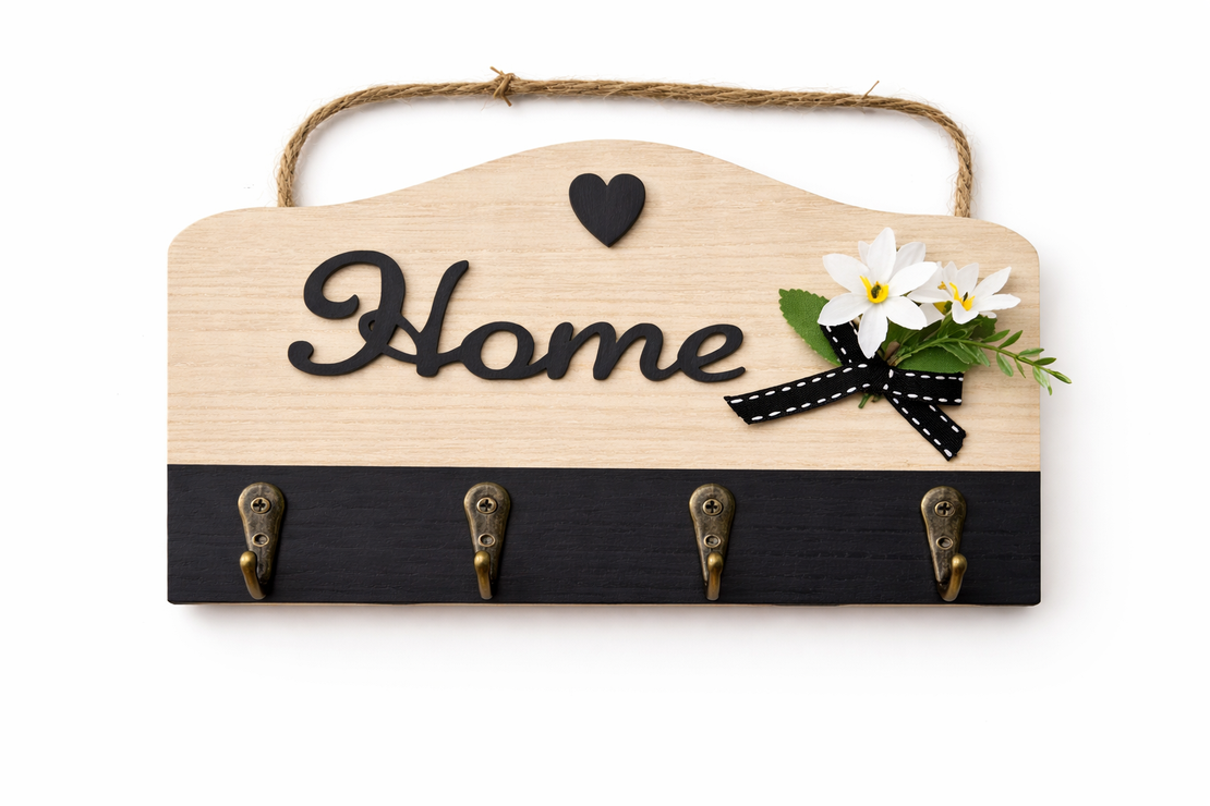 מתלה מפתחות לקיר Home עם 4 ווים | מתלה דקורטיבי לכניסה לבית