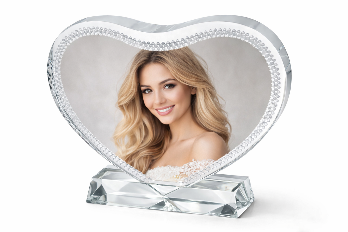 מסגרת זכוכית קריסטלית בצורת לב עם הדפסה אישית