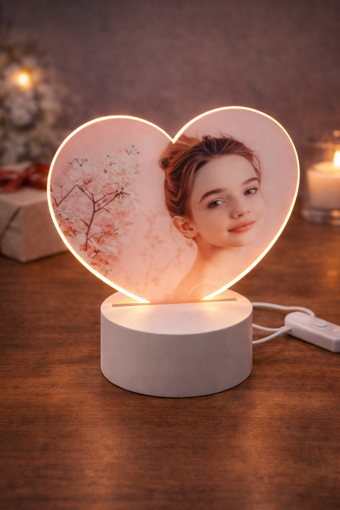 מנורת לילה צורת לב אקרילית עם תמונה אישית | מנורת LED עם הדפסה